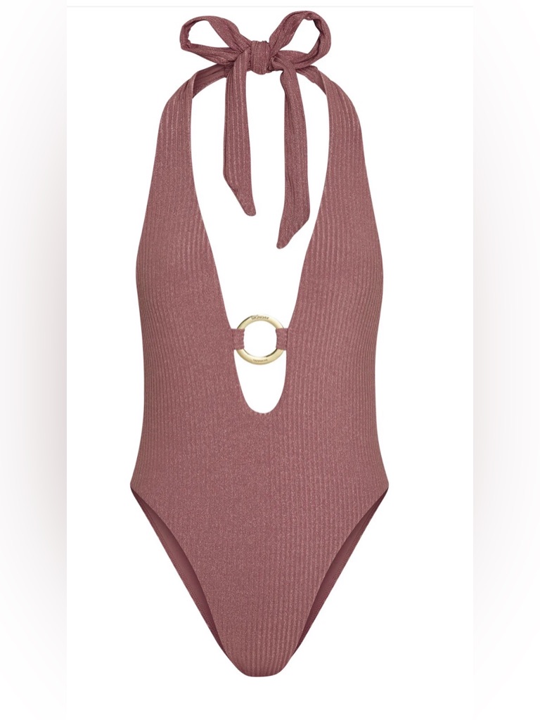 Monday Swimwear Montego Halterone Piece Mauve Lurex Rib Gold Ring Size S Nwt